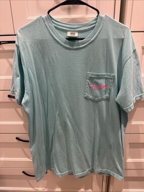 Old Row Light Aqua Short Sleeve Pocket Tee with Pink Logo Embroidery